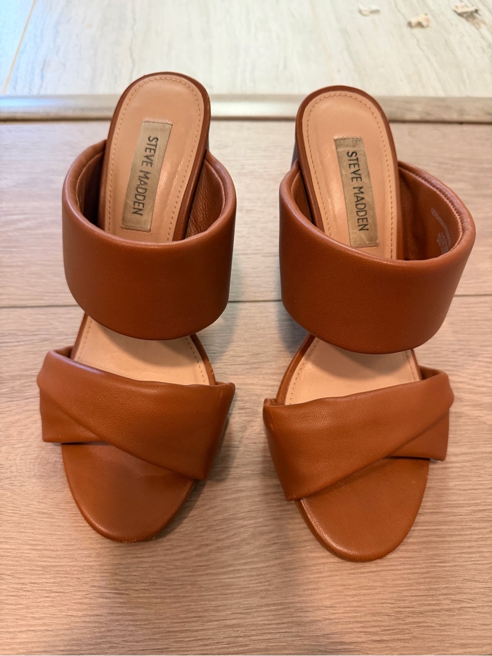 Steve Madden Tan Cognac Leather Double-Band Block Heel Sandals - Picture 3 of 3
